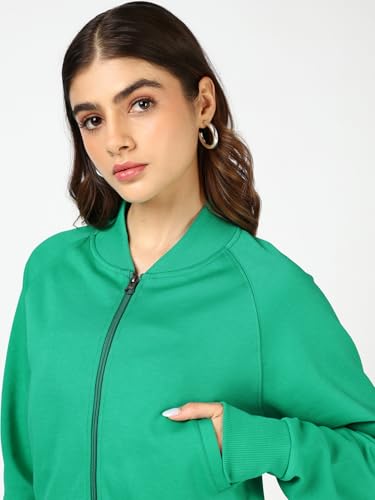 Image of Bewakoof Women's Solid Regular Fit Raglan Sleeve High Neck Polycotton Crop Zipper Sweatshirt
