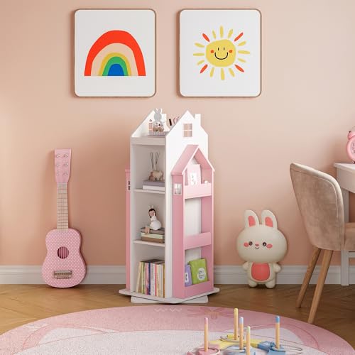 [en.casa] Estantería Giratoria para Niños Vipsali en Forma de Casa 3 Compartimentos Abiertos 6 Compartimentos Laterales Librería Infantil 108 x 40 x 40 cm - Rosa/Blanco