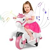 HONEY JOY 12V Unicorn Ride on Toys, 3-Wheeler Battery Powered Motorized Ride on Horse w/Training Wheels, Music, Up & Down, Pony Electric Car for Kids, Gift for Boys Girls (Light Pink)