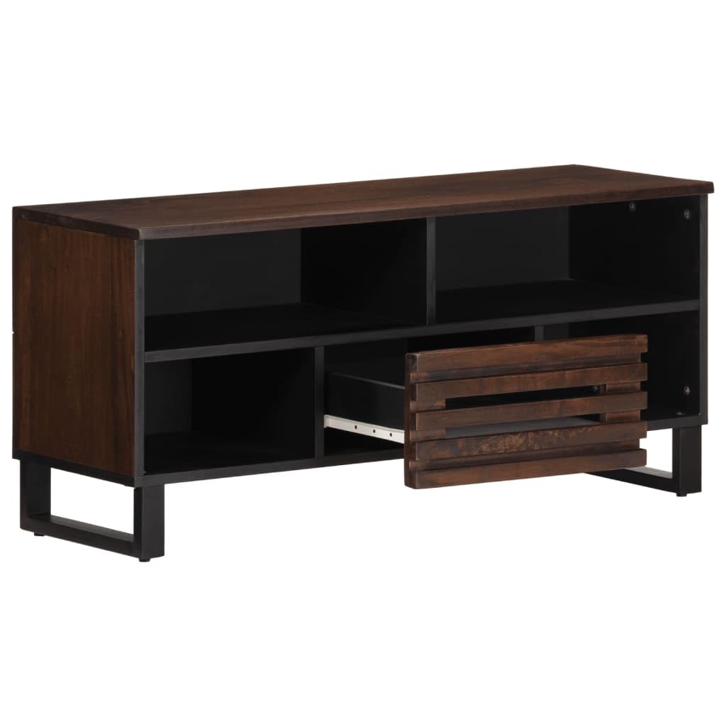 Mobile TV marrone in legno massiccio di mango, 100 x 34 x 46 cm, con cassetto e scomparti, stabile contenitore multimediale in stile industriale per soggiorno e ufficio