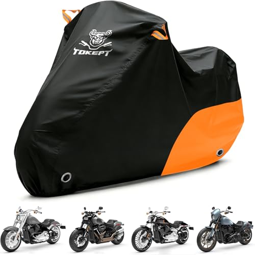 Image of Motorcycle Cover Waterproof All Season Outdoor Protection, Fits up to 96 Inch, Compatible with Sport Bikes & Cruisers with Locking Holes & Reflective Strips (Black&Orange)