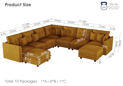 Image of LLappuil Modular Sectional Sofa with Storage, U-Shaped 9-Seat Corduroy Couch with 8 Throw Pillows, Pet-Friendly Convertible Pit Sofa for Living Room, Skin-Friendly & Soft, Yellow