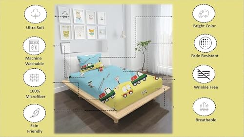 Image of Fitted Bedsheet for Single Bed with 1 Pillow Case, Kids 72 x 48 x 6 Inches Elastic Bed Sheets with Extra Deep Pocket for Thick Mattresses - Blue & Yellow Car Printed