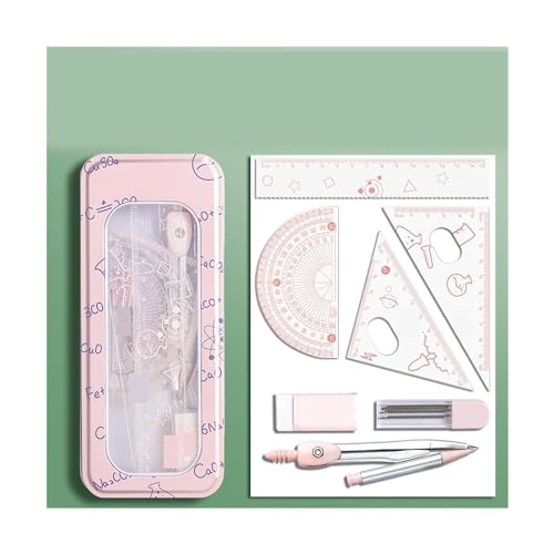 WDSOPK Brújula Matemática para La Escuela, Juego De Geometría De 8 Piezas Que Incluye Compás, Regla, Transportador, Borrador, Minas De Repuesto, Etc. Brújula De Dibujo.（Pink-Set）