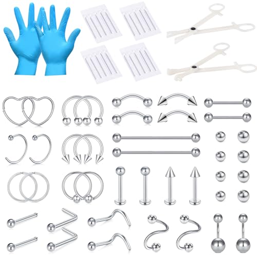 AceFun Kit piercing professionnel 66 pièces pour tous les piercings corps,14G 16G 18G 20G aiguilles acier inoxydable oreille nez septum nombril tétons...