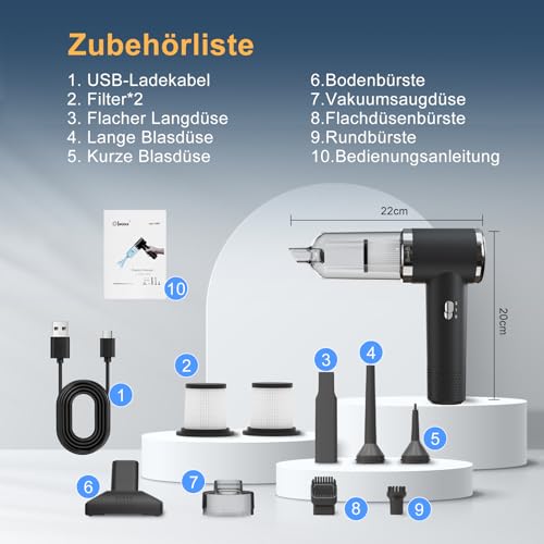 letiziai Handstaubsauger Akku Kabellos, 12000Pa Mini Staubsauger 3-in-1 mit 5200mAh Batterie, Auto Staubsauger Stark für Haus, Auto, Tierhaare und Vakuumbeutel für Kleidung