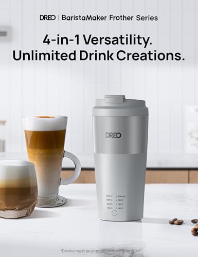 Image of DREO Milk Frother, 4-in-1 Electric Frother for Coffee, Hot and Cold Foam Maker for Cappuccino, Flat-white, Latte with Plant-based and Dairy Milk, Multi-stage, Easy to Clean, Temperature Control, Grey