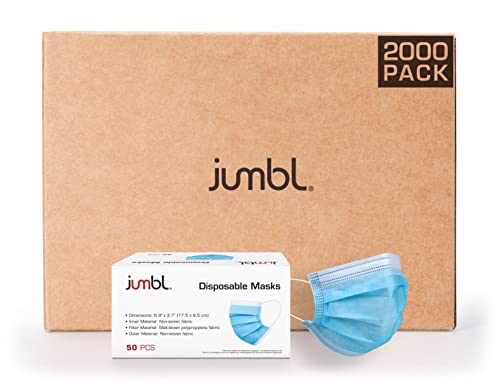 Jumbl Face Mask [2000 Pack] Single Use Disposable Blue Face Mask, 3-Ply Masks with Elastic Earloops, Wholesale Bulk Pricing