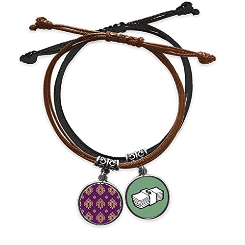 Pulsera cuerda mano y cuero morado dorado con amuleto dinero