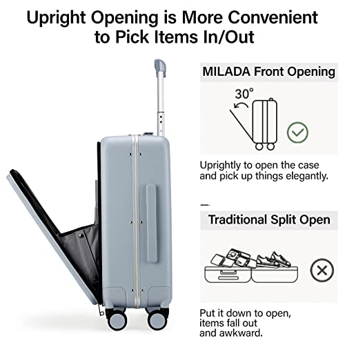 Image of MILADA Luggage Suitcase with Front Laptop Pocket, 18'' 20 Carry On Luggage 24'' Checked-In Medium Hardside Suitcase Rolling Travel Suitcase with Spinner Wheels & TSA Lock, Grey, 20-Inch Carry On,