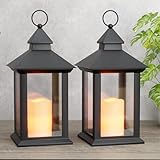 14" Lanterns Decorative Indoor/Outdoor, 2 Pack Black Lantern Decor with Timer Candle, Waterproof Battery Operated Outdoor Lanterns, Vintage Hanging Lanterns for Patio, Porch, Entryway, Centerpieces