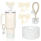 RONGFY Cup Accessories Set for Stanley Cup,2Pcs Bow Straw Cover Caps Straw Toppers,1Pcs Cute Bow and Heart Handle Charm and 1Pcs Bow Bling Silicone Boot for Stanley 30&40oz Tumbler (Cream)