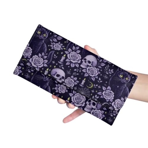 Image of AFPANQZ Halloween Womens Wallets Leather Trifold Multi Card Holder Wallet | Purple Skull Rose Print Card Holder Phone Organizer Ladies Travel Purse Hollow Out