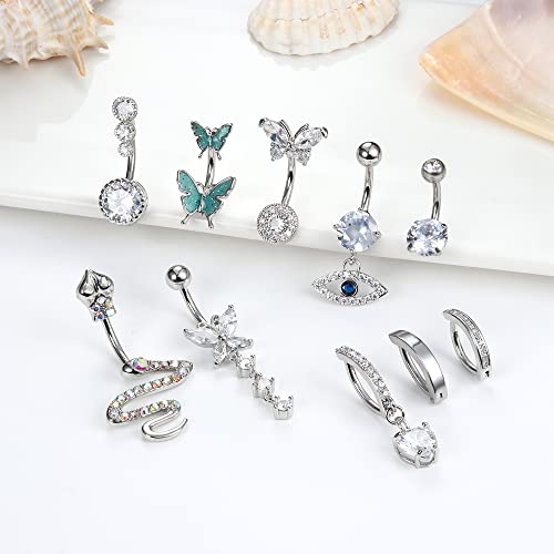 Finrezio 10Pcs 14G Clicker Belly Button Rings For Women Surgical Steel Dangle Cute Cz Snake Evil Eye Butterfly Belly Button Rings Reverse Curved Navel Belly Barbell Piercing Jewelry #TOP5