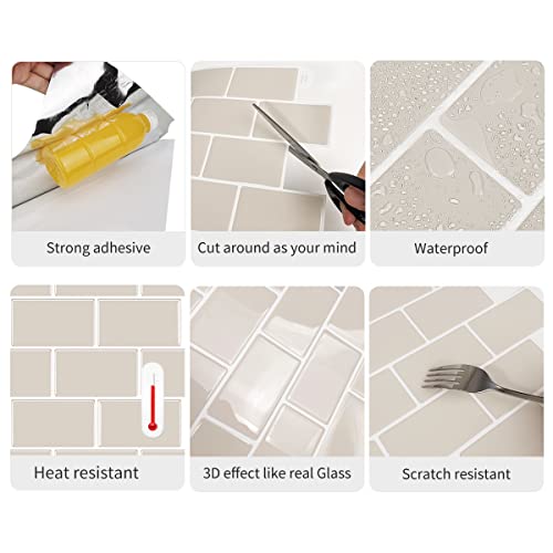 Alwayspon 3D-Vinyl-Wandfliesenaufkleber, selbstklebend, wasserdicht, Spritzschutz für Küche, Badezimmer, Wand, 30,5 x 15,3 cm, Beige, 10 Bögen