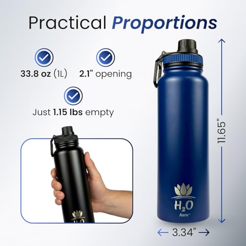 Image of Premium 1 Liter Water Bottle (33.8 oz) with Carrying Case & Strap - Double Wall Vacuum Insulated Stainless Steel Water Bottle - Leakproof Lid, Wide Mouth, BPA-Free, Removable Strainer - Blue