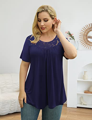 Ahlaray Women's Plus Size Short Sleeve Tee Tops Lace Casual Tunics Shirts Blouses, Navy Blue, 3X #TOP2