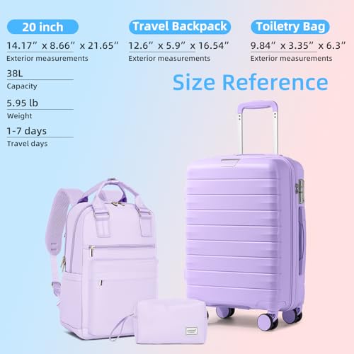 Image of LARVENDER Carry On Luggage 22x14x9 Airline Approved, Suitcases with Wheels | Hardside PP Carry On Suitcase with Backpack, Luggage Sets for Women Men, TSA Lock, Lavender