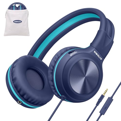 SIMOLIO Wired Kids Headphones for School with Microphone, Volume Limiting & Noise Cancelling PC Headset with Cord, Plug in Headphones for Tablet, Laptop (Navy Blue)
