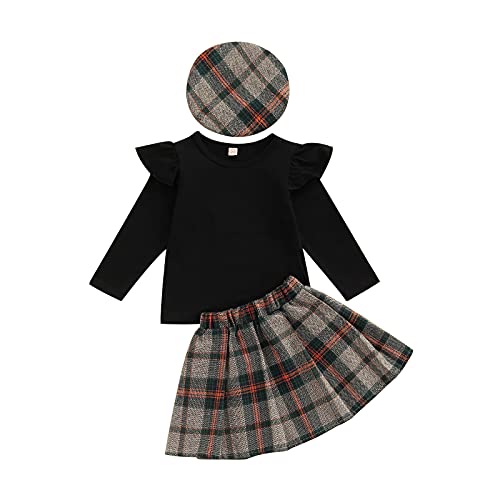 Wyoukid 1-6T Toddler Baby Girls Autumn Outfit Long Sleeve Shirt Tops+Plaid A-Line Skirt+Hat 3Pcs Spring Winter Clothing (Black, 2-3T) (Wyoukid-Baby-20) #TOP28