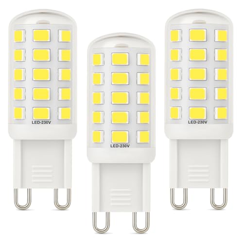 Vividcrest 3W G9 LED Light Bulbs 580LM,GU9 LED Bulb Cool White 6000K Equivalent to 40W-60W Halogen Bulb, Flicker-Free Capsule Bulbs for Home Lighting, Bi-pin Base Non-Dimmable, 220–240V, 3 Pack