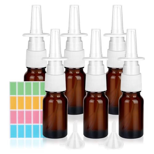 6 Piezas Botella de Spray Nasal Vidrio, 10ml Botellas de Aerosol Nasal, Botellas Spray Nasal Marrones, Vacía Botellas de Pulverizador con Embudo y Etiqueta para Perfume, Solución Salina