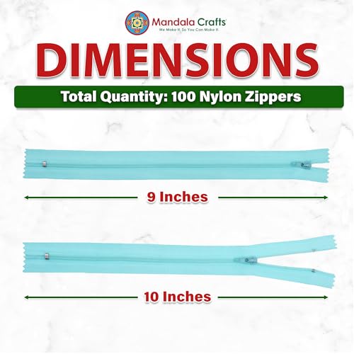 Image of Mandala Crafts 100 PCs Turquoise Closed-End 9 Inch Nylon Zippers for Sewing
