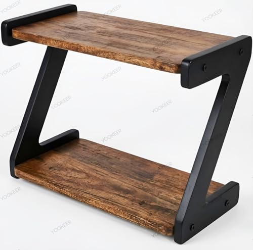 Image of Yookeer 2-Tier Spice Rack, kitchen organizer rack, Rustic Brown and Black, Z-Shape Countertop Organiser, 33x16x25 cm (RUSTIC BROWN)