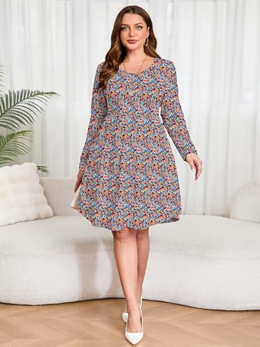 Image of AusLook Women's Plus Size Long Sleeve Midi Dress Casual Empire Waist Loose Flowy Dresses A-Line Boho Long Dress with Pockets