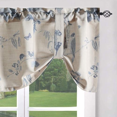 Leeva Blue Birds Tie-Up Curtain, Linen Textured, 52 x 18, 1 Panel