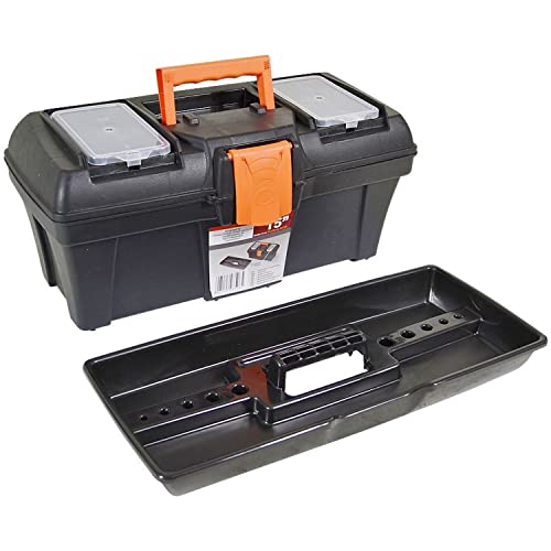 BURI Werkzeugkasten 40x19x20cm Werkzeugkiste leer Kunststoff Werkzeugbox Werkzeugkoffer leer Kleinteilebox Werkzeug schwarz orange mit Griff und...