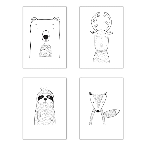 WBdesignz Kinderzimmer Poster Babyzimmer Bilder 4er Set Niedliche Tiere Faultier Rentier Bär Fuchs (DIN A4, ohne Rahmen) Cover