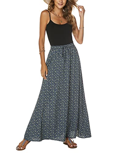 Bluetime Women Casual Summer Beach Boho Floral Print Long Skirts Elastic Waist Swing Maxi Dresses (M, Floral21)