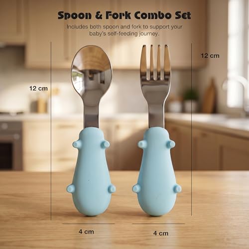 Image of Baybee Stainless Steel Baby Feeding Spoons Set of 2 | Bpa Free- Food Grade Self Feeding Training Utensil Spoon & Fork | Baby & Toddlers Gum Friendly Weaning Supplies for Kids 4 Months+ (Blue)
