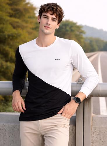 Image of ADRO Men's Full Sleeve T-Shirt Navy Grey Colorblock | Cotton Round Neck Casual Tshirt | Regular Fit Stylish T Shirt