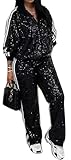 NPHFPSQA Womens 2 PCS Sequins Zipper Tracksuit Set,Sexy Bodycon Jackets & Pants forParty, Sparkly Outfits Sweatsuit,Black,M