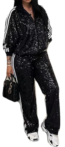 NPHFPSQA Womens 2 PCS Sequins Zipper Tracksuit Set,Sexy Bodycon Jackets & Pants forParty, Sparkly Outfits Sweatsuit,Black,M