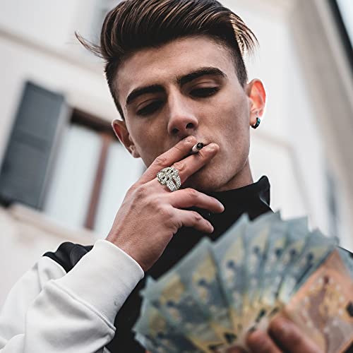 Sanfenly Iced Out Rings for Men Bling Fake Diamond Costume Pinky Rings Chunky Gold Silver 80s 90s Hip Hop Rings Star Cuban Chain Square US Dollar Sign Rapper Ring Fashion Cosplay Man Jewelry Ring Set4