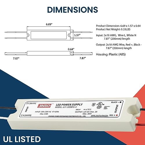 Image of Jinbo 36W 12V LED Driver, Power Supply, IP67 Waterproof, 3Years Warranty, Volts Transformer Adapter, Short Circuit Protection, Energy-Efficient & Reliable, LED Lights, Outdoor Light, UL Listed