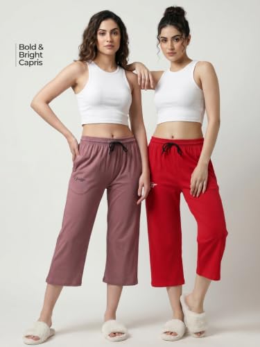 Image of Fflirtygo Women's Cotton Plain Calf Length Capri | Nightwear Short Pyjama | 3 /4th Solid Pyjama Pant | Regular Fit Casual & Lounge Wear Capri Combo (Pack of 2)