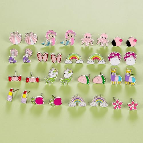 60 Pairs Cute Earrings Set - Hypoallergenic Stainless Steel Studs with Cartoon Characters, Colorful Faux Pearls & Sparkling Cubic Zirconias3