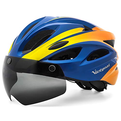 Victgoal Adults Bike Helmet for Men Women Detachable Magnetic Goggle Visor Bicycle Helmet with LED Rear Light Cycling Road Mountain Cycle Helmet (Blue Orange)