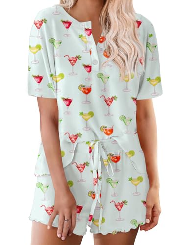 Image of Ekouaer Pajamas Set for Women Short Sleeve Lounge Set 2 Piece Loungewear PJs Soft Cute Lightweight Sleepwear
