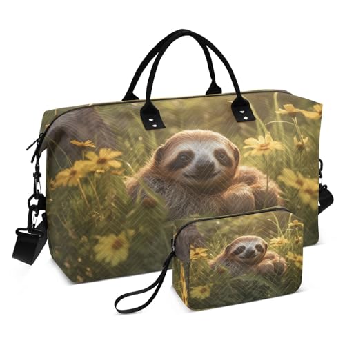 Large Travel Duffel Bag, Beautiful Sloth Daisy Sports Tote Gym Bag, Shoulder Weekender Overnight Bag for Women Men, Carry On Luggage with Toiletry Bags