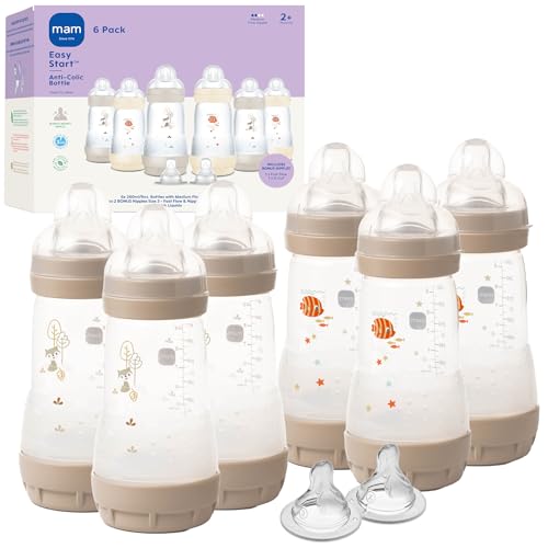 Image of MAM 9oz Easy Start Anti-Colic Baby Bottles, Medium Flow with 2X Bonus Nipples (Fast and Extra Fast Flow), Reduces Colic, Gas, & Reflux, Easy-to-Clean, BPA-Free, 2 Plus Months