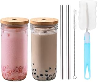 [2 PACK,700ml] DESIGNMASTER Premium Mason Jar Cups with Lid and Straw, Iced Coffee Glass Tumblers, Reusable Smoothie Cups, Travel Tumbler for Bubble Tea, smoothie, Juice.