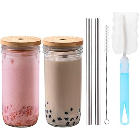 [2 PACK,700ml] DESIGN•MASTER Premium Mason Jar Cups with Lid and Straw, Iced Coffee Glass Tumblers, Reusable Smoothie Cups, Travel Tumbler for Bubble Tea, smoothie, Juice Cover