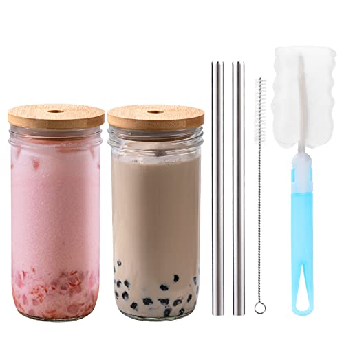 [2-Stück, 700ml] DESIGN•MASTER Premium Mason Jar Cups mit Deckel und Stroh, Iced Coffee Glass Tumblers, wiederverwendbare Smoothie Cups, Reise Tumbler für Bubble Tea, Smoothie, Saft Cover