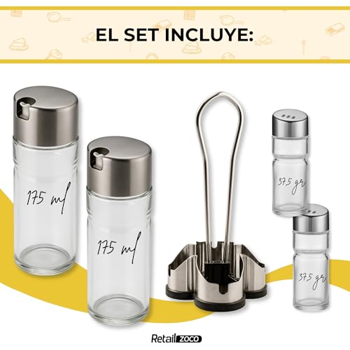 Miniatura 6 de Chefzoco Convoys De Aceite Y Vinagre, Set De Aceite Y Vinagre, Set De Sal Y Pimienta, Vinagreras Y Aceiteras De Mesa Con Soporte, Fabricada En Acero Inoxidable Y Vidrio, Libre De Bpa