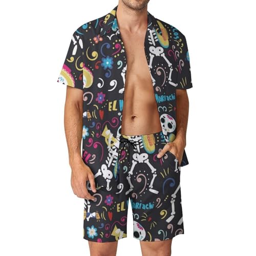 Chemise Hawaïenne Homme Ensemble Short Pantalon Plage Squelette Coloré Costume Été 2 Pièces S